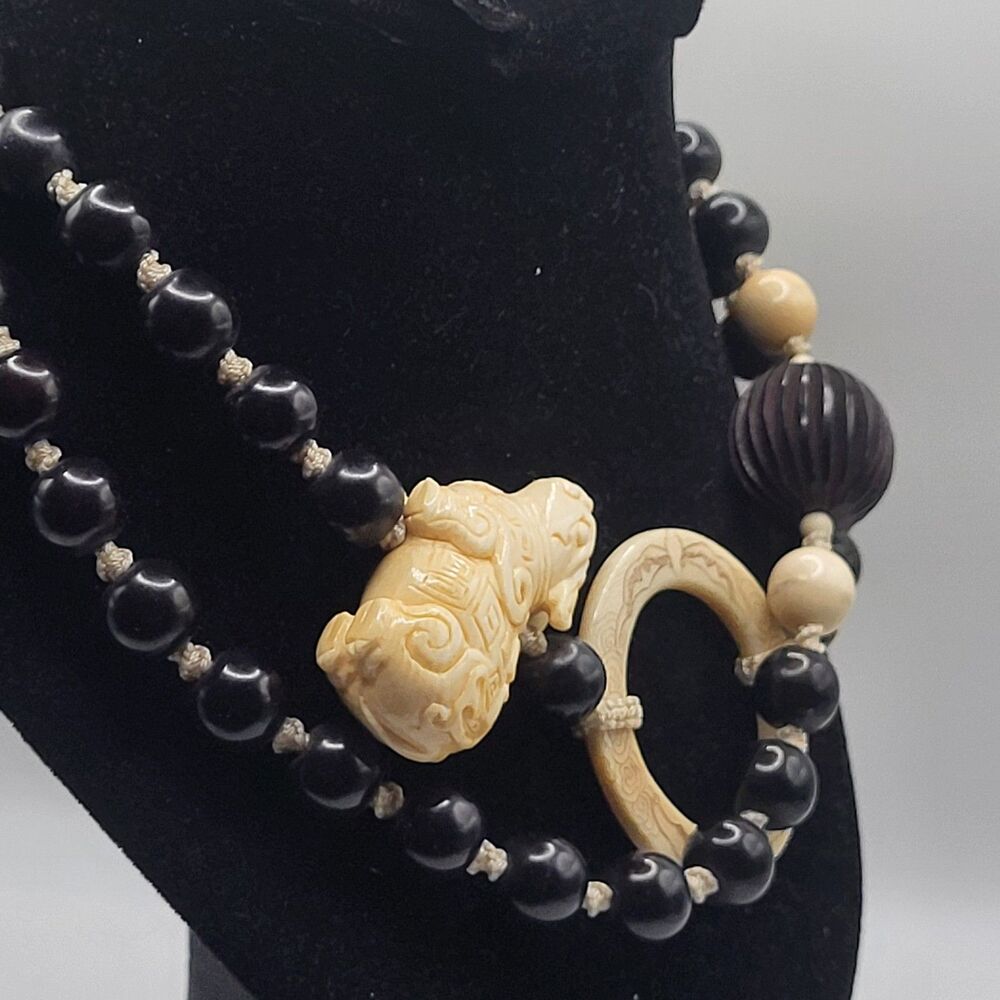 Antique Asian Statement Necklace Black Onyx Beads Hand Carved Pixiu 34in